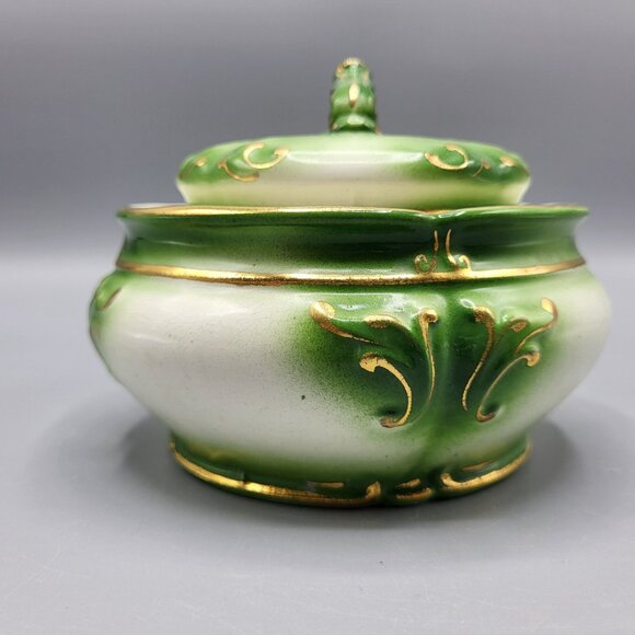 Vintage Ceramic Lidded Pot Jar Flower Frog Emerald Green Gold Accents Home Decor - Picture 2 of 11